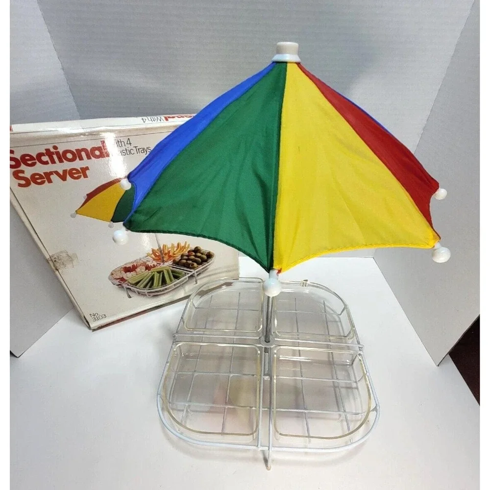 1984 Vintage Fruit Vegetable Chip Dip Condiment Sectional Server Set w Umbrella
